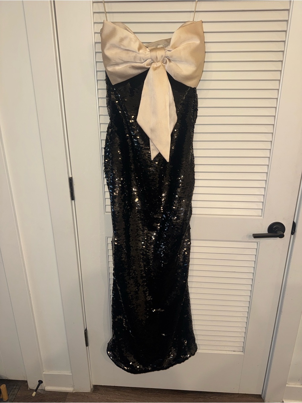 House of CB formal Strapless Black Sequin Dress with Cream Bow